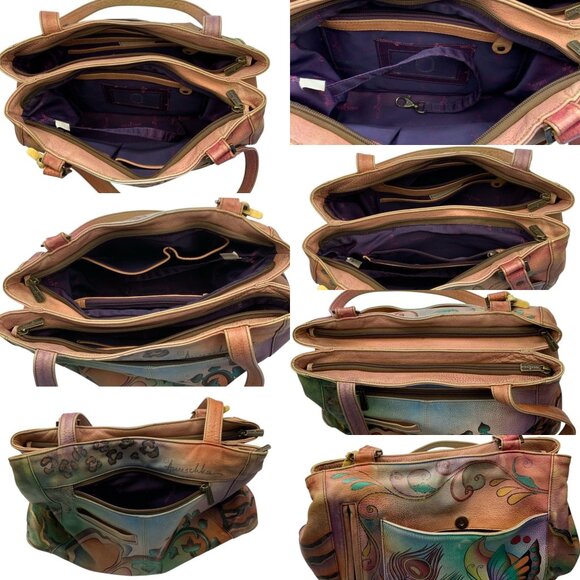 Anuschka Painted Butterfly Leather Hobo Shoulder Bag Zip Top Purse Dual Straps - Picture 12 of 16